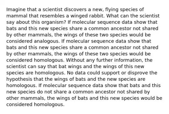 Imagine that a scientist discovers a new, flying species of mammal that resembles a winged rabbit. What can the scientist say about this organism? If molecular sequence data show that bats and this new species share a common ancestor not shared by other mammals, the wings of these two species would be considered analogous. If molecular sequence data show that bats and this new species share a common ancestor not shared by other mammals, the wings of these two species would be considered homologous. Without any further information, the scientist can say that bat wings and the wings of this new species are homologous. No data could support or disprove the hypothesis that the wings of bats and the new species are homologous. If molecular sequence data show that bats and this new species do not share a common ancestor not shared by other mammals, the wings of bats and this new species would be considered homologous.