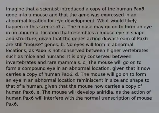 Imagine that a scientist introduced a copy of the human Pax6 gene into a mouse and that the gene was expressed in an abnormal location for eye development. What would likely happen in this scenario? a. The mouse may go on to form an eye in an abnormal location that resembles a mouse eye in shape and structure, given that the genes acting downstream of Pax6 are still "mouse" genes. b. No eyes will form in abnormal locations, as Pax6 is not conserved between higher vertebrates such as mice and humans. It is only conserved between invertebrates and rare mammals. c. The mouse will go on to form a compound eye in an abnormal location, given that it now carries a copy of human Pax6. d. The mouse will go on to form an eye in an abnormal location reminiscent in size and shape to that of a human, given that the mouse now carries a copy of human Pax6. e. The mouse will develop aniridia, as the action of human Pax6 will interfere with the normal transcription of mouse Pax6.