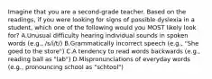 Imagine that you are a second-grade teacher. Based on the readings, if you were looking for signs of possible dyslexia in a student, which one of the following would you MOST likely look for? A.Unusual difficulty hearing individual sounds in spoken words (e.g., /s/i/t/) B.Grammatically incorrect speech (e.g., "She goed to the store") C.A tendency to read words backwards (e.g., reading ball as "lab") D.Mispronunciations of everyday words (e.g., pronouncing school as "schtool")