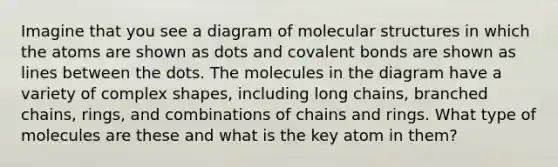 Imagine that you see a diagram of molecular structures in which the atoms are shown as dots and covalent bonds are shown as lines between the dots. The molecules in the diagram have a variety of complex shapes, including long chains, branched chains, rings, and combinations of chains and rings. What type of molecules are these and what is the key atom in them?