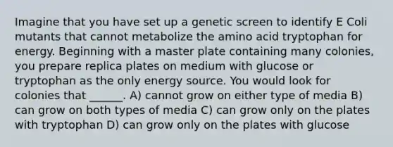 Imagine that you have set up a genetic screen to identify E Coli mutants that cannot metabolize the amino acid tryptophan for energy. Beginning with a master plate containing many colonies, you prepare replica plates on medium with glucose or tryptophan as the only energy source. You would look for colonies that ______. A) cannot grow on either type of media B) can grow on both types of media C) can grow only on the plates with tryptophan D) can grow only on the plates with glucose