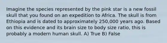 Imagine the species represented by the pink star is a new fossil skull that you found on an expedition to Africa. The skull is from Ethiopia and is dated to approximately 250,000 years ago. Based on this evidence and its brain size to body size ratio, this is probably a modern human skull. A) True B) False