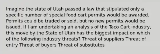 Imagine the state of Utah passed a law that stipulated only a specific number of special food cart permits would be awarded. Permits could be traded or sold, but no new permits would be issued. If I am undertaking an analysis of the Taco Cart industry, this move by the State of Utah has the biggest impact on which of the following industry threats? Threat of suppliers Threat of entry Threat of buyers Threat of substitutes