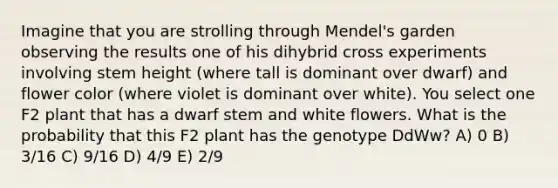 Imagine that you are strolling through Mendel's garden observing the results one of his dihybrid cross experiments involving stem height (where tall is dominant over dwarf) and flower color (where violet is dominant over white). You select one F2 plant that has a dwarf stem and white flowers. What is the probability that this F2 plant has the genotype DdWw? A) 0 B) 3/16 C) 9/16 D) 4/9 E) 2/9