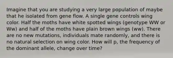 Imagine that you are studying a very large population of maybe that he isolated from gene flow. A single gene controls wing color. Half the moths have white spotted wings (genotype WW or Ww) and half of the moths have plain brown wings (ww). There are no new mutations, individuals mate randomly, and there is no natural selection on wing color. How will p, the frequency of the dominant allele, change over time?