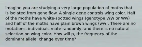 Imagine you are studying a very large population of moths that is isolated from gene flow. A single gene controls wing color. Half of the moths have white-spotted wings (genotype WW or Ww) and half of the moths have plain brown wings (ww). There are no mutations, individuals mate randomly, and there is no natural selection on wing color. How will p, the frequency of the dominant allele, change over time?