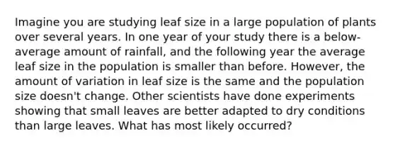 Imagine you are studying leaf size in a large population of plants over several years. In one year of your study there is a below-average amount of rainfall, and the following year the average leaf size in the population is smaller than before. However, the amount of variation in leaf size is the same and the population size doesn't change. Other scientists have done experiments showing that small leaves are better adapted to dry conditions than large leaves. What has most likely occurred?