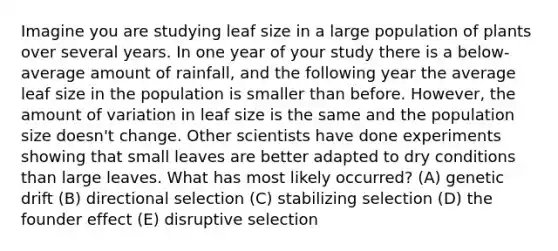 Imagine you are studying leaf size in a large population of plants over several years. In one year of your study there is a below-average amount of rainfall, and the following year the average leaf size in the population is smaller than before. However, the amount of variation in leaf size is the same and the population size doesn't change. Other scientists have done experiments showing that small leaves are better adapted to dry conditions than large leaves. What has most likely occurred? (A) genetic drift (B) directional selection (C) stabilizing selection (D) the founder effect (E) disruptive selection