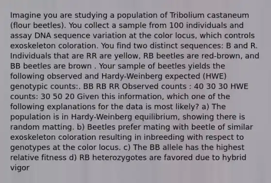 Imagine you are studying a population of Tribolium castaneum (flour beetles). You collect a sample from 100 individuals and assay DNA sequence variation at the color locus, which controls exoskeleton coloration. You find two distinct sequences: B and R. Individuals that are RR are yellow, RB beetles are red-brown, and BB beetles are brown . Your sample of beetles yields the following observed and Hardy-Weinberg expected (HWE) genotypic counts:. BB RB RR Observed counts : 40 30 30 HWE counts: 30 50 20 Given this information, which one of the following explanations for the data is most likely? a) The population is in Hardy-Weinberg equilibrium, showing there is random matting. b) Beetles prefer mating with beetle of similar exoskeleton coloration resulting in inbreeding with respect to genotypes at the color locus. c) The BB allele has the highest relative fitness d) RB heterozygotes are favored due to hybrid vigor