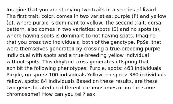 Imagine that you are studying two traits in a species of lizard. The first trait, color, comes in two varieties: purple (P) and yellow (p), where purple is dominant to yellow. The second trait, dorsal pattern, also comes in two varieties: spots (S) and no spots (s), where having spots is dominant to not having spots. Imagine that you cross two individuals, both of the genotype, PpSs, that were themselves generated by crossing a true-breeding purple individual with spots and a true-breeding yellow individual without spots. This dihybrid cross generates offspring that exhibit the following phenotypes: Purple, spots: 460 individuals Purple, no spots: 100 individuals Yellow, no spots: 380 individuals Yellow, spots: 84 individuals Based on these results, are these two genes located on different chromosomes or on the same chromosome? How can you tell? ask