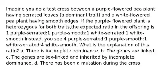 Imagine you do a test cross between a purple-flowered pea plant having serrated leaves (a dominant trait) and a white-flowered pea plant having smooth edges. If the purple- flowered plant is heterozygous for both traits,the expected ratio in the offspring is 1 purple-serrated:1 purple-smooth:1 white-serrated:1 white-smooth.Instead, you see 4 purple-serrated:1 purple-smooth:1 white-serrated:4 white-smooth. What is the explanation of this ratio? a. There is incomplete dominance. b. The genes are linked. c. The genes are sex-linked and inherited by incomplete dominance. d. There has been a mutation during the cross.