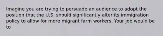 Imagine you are trying to persuade an audience to adopt the position that the U.S. should significantly alter its immigration policy to allow for more migrant farm workers. Your job would be to