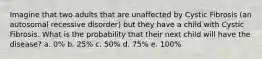 Imagine that two adults that are unaffected by Cystic Fibrosis (an autosomal recessive disorder) but they have a child with Cystic Fibrosis. What is the probability that their next child will have the disease? a. 0% b. 25% c. 50% d. 75% e. 100%