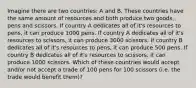 Imagine there are two countries: A and B. These countries have the same amount of resources and both produce two goods, pens and scissors. If country A dedicates all of it's resources to pens, it can produce 1000 pens. If country A dedicates all of it's resources to scissors, it can produce 3000 scissors. If country B dedicates all of it's resources to pens, it can produce 500 pens. If country B dedicates all of it's resources to scissors, it can produce 1000 scissors. Which of these countries would accept and/or not accept a trade of 100 pens for 100 scissors (i.e. the trade would benefit them)?