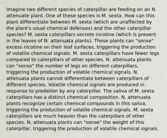 Imagine two different species of caterpillar are feeding on an N. attenuate plant. One of these species is M. sexta. How can this plant differentiate between M. sexta (which are unaffected by the plant's usual chemical defenses) and the other caterpillar species? M. sexta caterpillars secrete nicotine (which is present in the leaves of N. attenuata plants). These plants can "sense" excess nicotine on their leaf surfaces, triggering the production of volatile chemical signals. M. sexta caterpillars have fewer legs compared to caterpillars of other species. N. attenuata plants can "sense" the number of legs on different caterpillars, triggering the production of volatile chemical signals. N. attenuata plants cannot differentiate between caterpillars of different species. Volatile chemical signals are produced in response to predation by any caterpillar. The saliva of M. sexta caterpillars has a distinct chemical composition. N. attenuata plants recognize certain chemical compounds in this saliva, triggering the production of volatile chemical signals. M. sexta caterpillars are much heavier than the caterpillars of other species. N. attenuata plants can "sense" the weight of this caterpillar, triggering the production of volatile chemical signals.