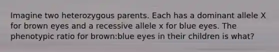 Imagine two heterozygous parents. Each has a dominant allele X for brown eyes and a recessive allele x for blue eyes. The phenotypic ratio for brown:blue eyes in their children is what?