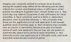 Imagine your university wished to increase racial diversity among the student body. Which of the following policies best reflects the current constitutional status of affirmative action policies according to Supreme Court rulings? Select one: a. Your university may reserve 10 percent of new admissions for racial minorities. b. Race cannot be used as a factor in admissions decisions, even to promote diversity. c. Your university may throw out the applications of all new applicants if not enough qualified racial minorities apply. d. Your university may consider race as a factor in admissions decisions as part of a holistic review of each new applicant's file but may not use quotas or automatically award extra points to racial minorities. e. Your university scores new applicants on a 100-point scale, and racial minorities automatically receive 15 points.