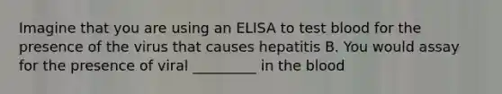 Imagine that you are using an ELISA to test blood for the presence of the virus that causes hepatitis B. You would assay for the presence of viral _________ in the blood