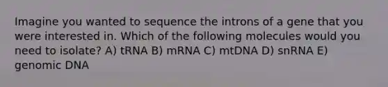 Imagine you wanted to sequence the introns of a gene that you were interested in. Which of the following molecules would you need to isolate? A) tRNA B) mRNA C) mtDNA D) snRNA E) genomic DNA