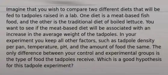 Imagine that you wish to compare two different diets that will be fed to tadpoles raised in a lab. One diet is a meat-based fish food, and the other is the traditional diet of boiled lettuce. You want to see if the meat-based diet will be associated with an increase in the average weight of the tadpoles. In your experiment you keep all other factors, such as tadpole density per pan, temperature, pH, and the amount of food the same. The only difference between your control and experimental groups is the type of food the tadpoles receive. Which is a good hypothesis for this tadpole experiment?