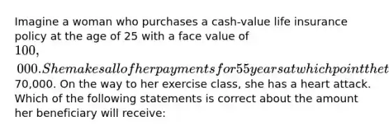 Imagine a woman who purchases a cash-value life insurance policy at the age of 25 with a face value of 100,000. She makes all of her payments for 55 years at which point the the policy has a cash value of70,000. On the way to her exercise class, she has a heart attack. Which of the following statements is correct about the amount her beneficiary will receive: