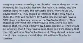 Imagine you're counseling a couple who have undergone carrier screening for Tay-Sachs disease. The man is a carrier, and the woman does not carry the Tay-Sachs allele. How should you advise them? a. They should be informed that if they have a child, the child will not have Tay-Sachs disease but will have a 50% chance of being a carrier of the Tay-Sachs allele. b. They should be informed that if they have a child, there is a 50% chance that the child will have Tay-Sachs disease. c. They should be informed that if they have a child, there is a 25% chance that the child will have Tay-Sachs disease. d. They should be informed that if they conceive a child, the child will have Tay-Sachs disease.