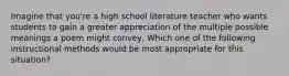 Imagine that you're a high school literature teacher who wants students to gain a greater appreciation of the multiple possible meanings a poem might convey, Which one of the following instructional methods would be most appropriate for this situation?