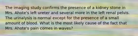 The imaging study confirms the presence of a kidney stone in Mrs. Ahote's left ureter and several more in the left renal pelvis. The urinalysis is normal except for the presence of a small amount of blood. What is the most likely cause of the fact that Mrs. Ahote's pain comes in waves?