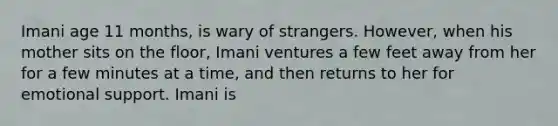 Imani age 11 months, is wary of strangers. However, when his mother sits on the floor, Imani ventures a few feet away from her for a few minutes at a time, and then returns to her for emotional support. Imani is