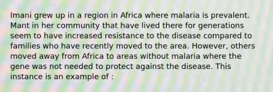 Imani grew up in a region in Africa where malaria is prevalent. Mant in her community that have lived there for generations seem to have increased resistance to the disease compared to families who have recently moved to the area. However, others moved away from Africa to areas without malaria where the gene was not needed to protect against the disease. This instance is an example of :