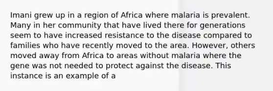 Imani grew up in a region of Africa where malaria is prevalent. Many in her community that have lived there for generations seem to have increased resistance to the disease compared to families who have recently moved to the area. However, others moved away from Africa to areas without malaria where the gene was not needed to protect against the disease. This instance is an example of a