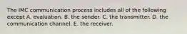 The IMC communication process includes all of the following except A. evaluation. B. the sender. C. the transmitter. D. the communication channel. E. the receiver.