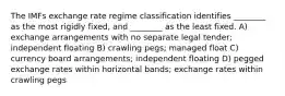 The IMFs exchange rate regime classification identifies ________ as the most rigidly fixed, and ________ as the least fixed. A) exchange arrangements with no separate legal tender; independent floating B) crawling pegs; managed float C) currency board arrangements; independent floating D) pegged exchange rates within horizontal bands; exchange rates within crawling pegs