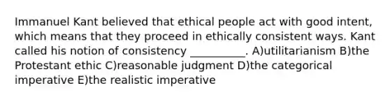 Immanuel Kant believed that ethical people act with good intent, which means that they proceed in ethically consistent ways. Kant called his notion of consistency __________. A)utilitarianism B)the Protestant ethic C)reasonable judgment D)the categorical imperative E)the realistic imperative