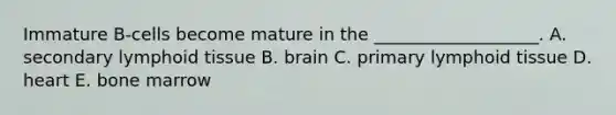 Immature B-cells become mature in the ___________________. A. secondary lymphoid tissue B. brain C. primary lymphoid tissue D. heart E. bone marrow