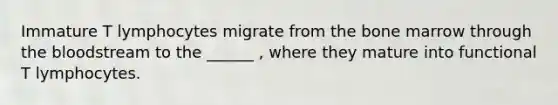 Immature T lymphocytes migrate from the bone marrow through <a href='https://www.questionai.com/knowledge/k7oXMfj7lk-the-blood' class='anchor-knowledge'>the blood</a>stream to the ______ , where they mature into functional T lymphocytes.