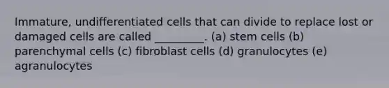 Immature, undifferentiated cells that can divide to replace lost or damaged cells are called _________. (a) stem cells (b) parenchymal cells (c) fibroblast cells (d) granulocytes (e) agranulocytes