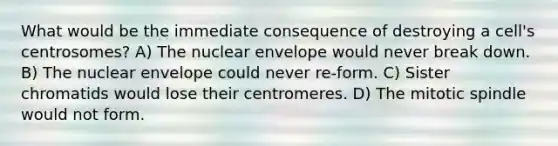 What would be the immediate consequence of destroying a cell's centrosomes? A) The nuclear envelope would never break down. B) The nuclear envelope could never re-form. C) Sister chromatids would lose their centromeres. D) The mitotic spindle would not form.