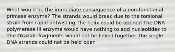 What would be the immediate consequence of a non-functional primase enzyme? The strands would break due to the torsional strain from rapid untwisting The helix could be opened The DNA polymerase III enzyme would have nothing to add nucleotides to The Okazaki fragments would not be linked together The single DNA strands could not be held open