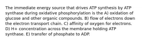 The immediate energy source that drives ATP synthesis by ATP synthase during oxidative phosphorylation is the A) oxidation of glucose and other organic compounds. B) flow of electrons down the electron transport chain. C) affinity of oxygen for electrons. D) H+ concentration across the membrane holding ATP synthase. E) transfer of phosphate to ADP.