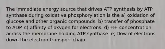 The immediate energy source that drives ATP synthesis by ATP synthase during oxidative phosphorylation is the a) oxidation of glucose and other organic compounds. b) transfer of phosphate to ADP. c) affinity of oxygen for electrons. d) H+ concentration across the membrane holding ATP synthase. e) flow of electrons down the electron transport chain.