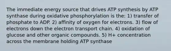 The immediate energy source that drives ATP synthesis by ATP synthase during oxidative phosphorylation is the: 1) transfer of phosphate to ADP. 2) affinity of oxygen for electrons. 3) flow of electrons down the electron transport chain. 4) oxidation of glucose and other organic compounds. 5) H+ concentration across the membrane holding ATP synthase