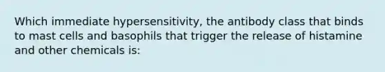 Which immediate hypersensitivity, the antibody class that binds to mast cells and basophils that trigger the release of histamine and other chemicals is: