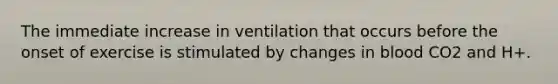 The immediate increase in ventilation that occurs before the onset of exercise is stimulated by changes in blood CO2 and H+.