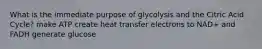 What is the immediate purpose of glycolysis and the Citric Acid Cycle? make ATP create heat transfer electrons to NAD+ and FADH generate glucose