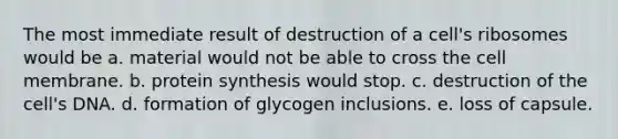 The most immediate result of destruction of a cell's ribosomes would be a. material would not be able to cross the cell membrane. b. protein synthesis would stop. c. destruction of the cell's DNA. d. formation of glycogen inclusions. e. loss of capsule.