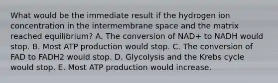 What would be the immediate result if the hydrogen ion concentration in the intermembrane space and the matrix reached equilibrium? A. The conversion of NAD+ to NADH would stop. B. Most ATP production would stop. C. The conversion of FAD to FADH2 would stop. D. Glycolysis and the Krebs cycle would stop. E. Most ATP production would increase.