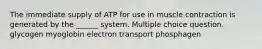 The immediate supply of ATP for use in muscle contraction is generated by the ______ system. Multiple choice question. glycogen myoglobin electron transport phosphagen