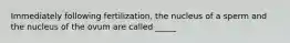 Immediately following fertilization, the nucleus of a sperm and the nucleus of the ovum are called _____