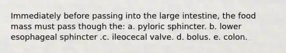 Immediately before passing into the large intestine, the food mass must pass though the: a. pyloric sphincter. b. lower esophageal sphincter .c. ileocecal valve. d. bolus. e. colon.